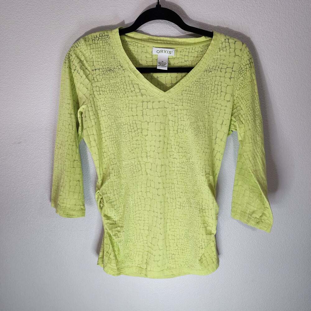 Orvis Lime Green Reptile Skin Texture Burnout V-Neck 3/4 Sleeve Side Ruched shir
